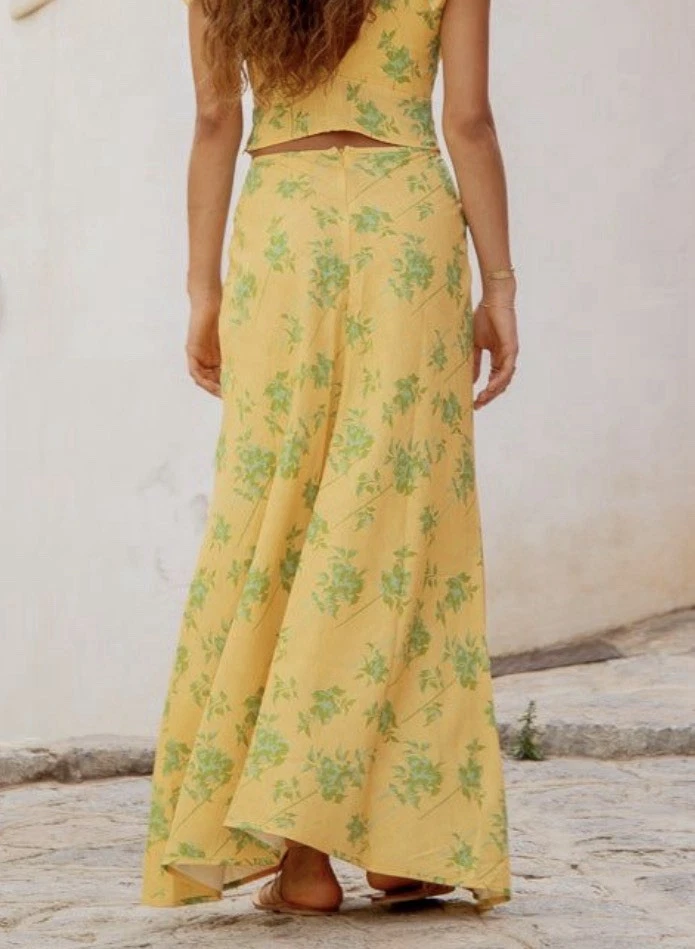 VRG GRL Carmine Bias Cut Maxi Skirt Yellow Floral Linen Size 14 Cottagecore