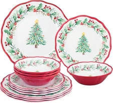 12-Piece Christmas Tree Design Melamine Dinnerware Set, Service for 4