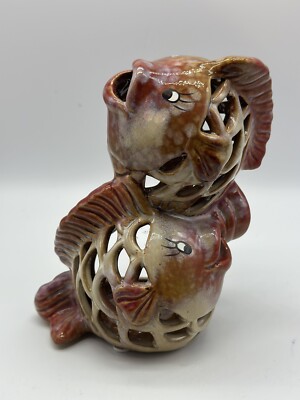 Gold And Rust Double Stacked Ceramic Smiling  Joyful Playing Fish Votive Holder