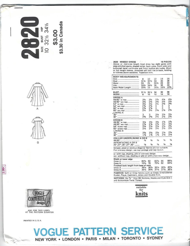 Vogue Sewing Pattern 2820 Vintage Belinda Bellville Dress, Size 10, New - Picture 3 of 3