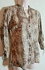 Geoffrey Beene Sport Blouse Top 100% Cotton Beige Sz 8 3/4 Sleeve Floral Print