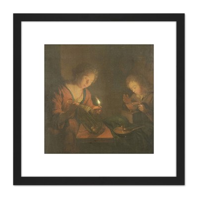 Schalcken Feuer und Zündkerze Kohlen Malerei quadratisch gerahmte Wandkunst 8X8 Zoll
