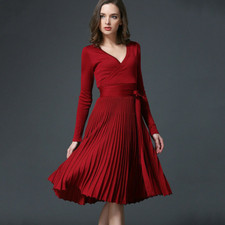 Womens Gown V Neck Long Sleeves Knitted Sweater Pleated Dress Belt Slim Fit Ball