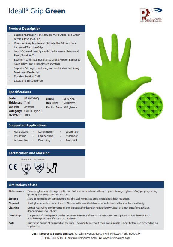 Nitrile Gloves Orange Green Black Mercator Ideall Grip Super Strong S M