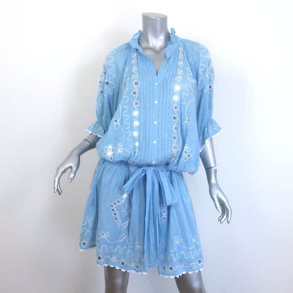 Juliet Dunn Mirror Embroidered Tie-Waist Mini Dress Blue Cotton Gauze Size  3 | eBay