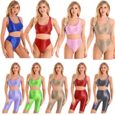 Women's Swimwear Glossy U Neck Sleeveless Crop Top High Waist Briefs Sports Suit