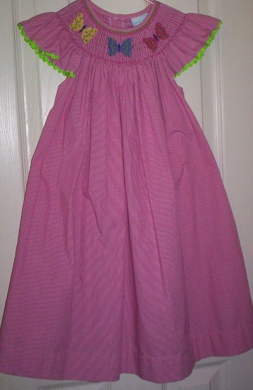 REMEMBER NGUYEN~DK.PINK CHECK FLUTTER SLEEVE HEIRLOOM SMOCK DRESS/BUTTERFLIES  3