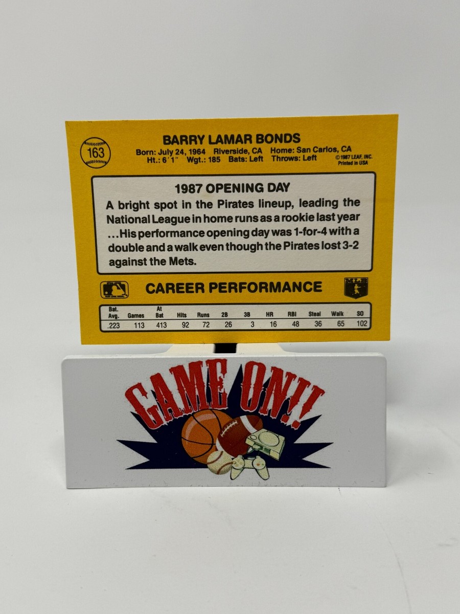 1987 Donruss Opening Day Barry Bonds Rookie RC Card #163 A 1987 Donruss Opening Day Barry Bonds Rookie RC Card #163 A