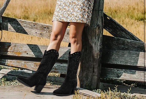 Women Cowboy Cowgirl Black Western Boots Pointed Toe Pull On Zip MidCalf Size 10 - Picture 6 of 6