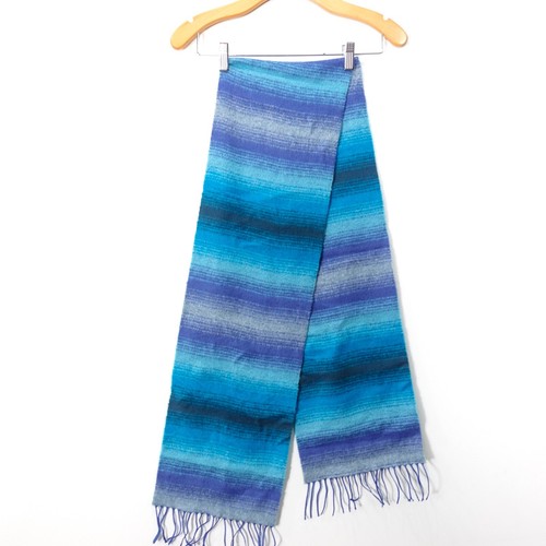 BORU Scarf Adult Shawl Wrap Wool Blend Blue Ombre Ocean Fringes Boho FRANCE - Picture 2 of 9