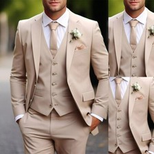3 Piece Beige Business Men Suit Notch Lapel Groom Tuxedos Wedding Suit Custom