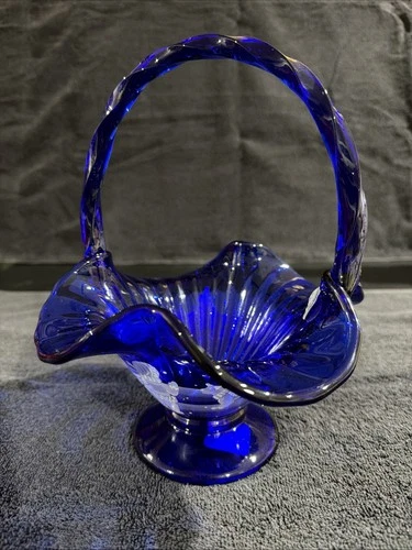 Fenton Glass Winter “Catch” Child With Sled Cobalt Blue Basket Signed B. Huggins