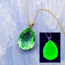 14k Gold Uranium Glass Necklace Large 20ct Green Pear Cut Yellow Gold
