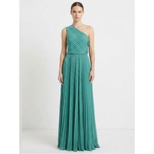 Halston Heritage One Shoulder Pleated Maxi Chiffon Gown Teal Green Size 4 $792