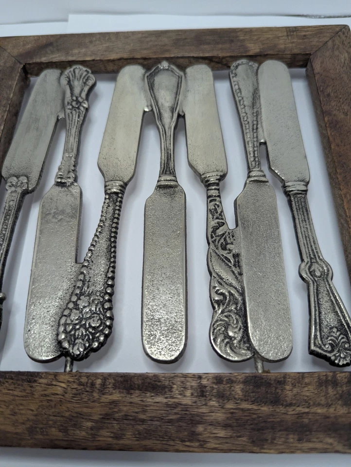 Mud Pie Wood Frame Metal Trivet Square 8.5" Interlocked Knife Cutlery Design New - Image 4 of 4