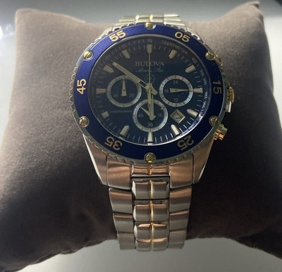 Bulova Marine Star 98B400 Chronograph Stainless Steel Silver Blue Dial Men Watch