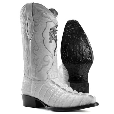 Men s Genuine Leather Exotic Alligator Print J-Toe Cowboy Western Boots - Bone