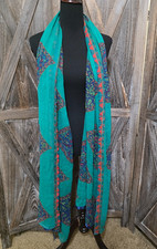 Long Boho Pareo Scarf Wrap Green Blue Print Sheer Beach Cover 88x40