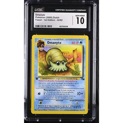 CGC 10 GEM MINT Omanyte 1st Edition 52/62 Pokémon 2000 Dutch Fossil (PSA/BGS)