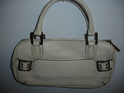 WOMENS BCB GIRLS CO.LIGHT BEIGE LEATHER PURSE,5 IN.HANDLE DROP.GOOD USED COND'T