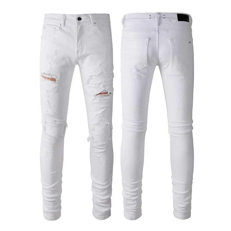 Men s Ripped Patchwork Pleated White Skinny fit Frayed Stretch Slim Denim Jeans