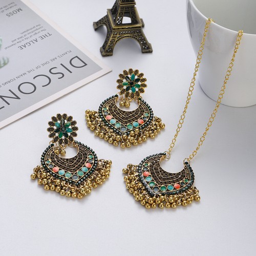 Pendientes retro de oro tallados en oro estilo Jhumki Jhumka collar indio - Imagen 27 de 32