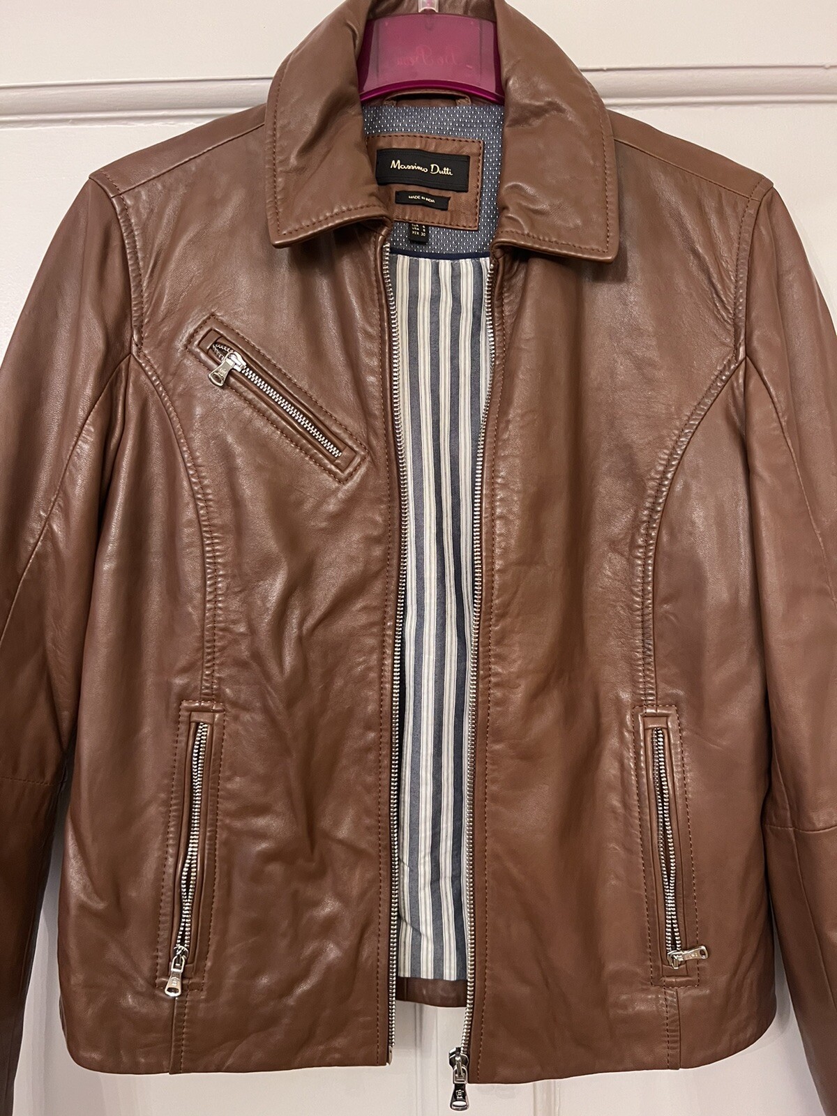Brand New Massimo Dutti Brown 100percent Genuine Real Soft Leather Biker Jacket Size S image 8