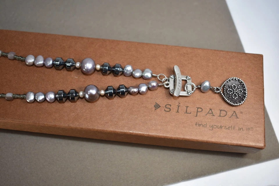 Collar Silpada Plata Esterlina 925 Hematita Vidrio Perlas Concha N1784 Palanca Foto 2 de 4