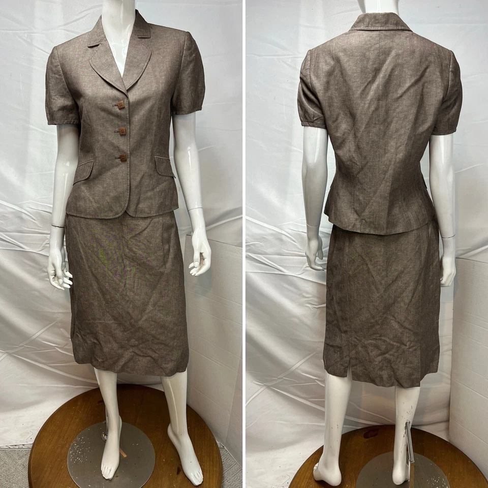 Traje Falda Marrón Tahari ASL Para Mujer 8 Mezcla de Lino Manga Corta Hasta la Rodilla Foto 2 de 4