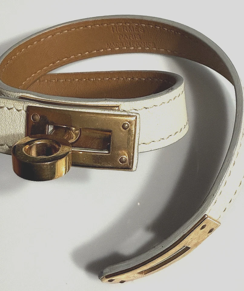 HERMES - Pulseira Kelly Double Tour, 15 polegadas - Couro branco e ouro - Imagem 2 de 4