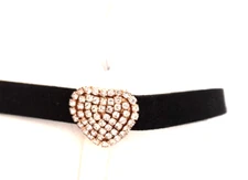 Women's Choker Necklace Sparkling 3/4 Inch Heart Black Imitation Leather Suede