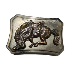 Vintage Nickel Silvertone  Bronze Western Saddle Bucking Bronco Belt Buckle