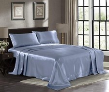 Full Size Skyblue Satin Bed Sheet Set Extra Soft 1800 Microfiber Wrinkle Fade
