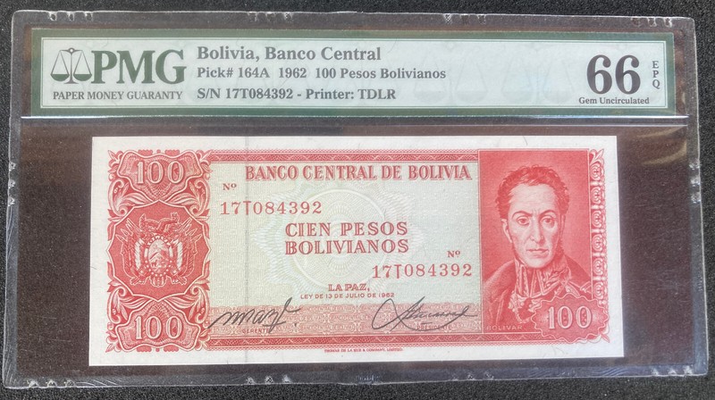 Bolivia 100 Pesos Bolivianos 1962 P 164A Gem UNC PMG 66 EPQ