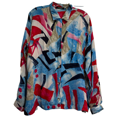 Vintage Abby & Friends Women Blouse Silk Button Up Abstract Art to Wear Size Med