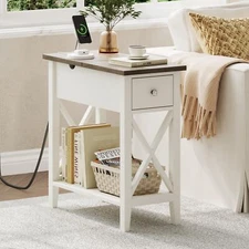 Farmhouse End Table With Charging Station Accent Small Side Table Nightstand For