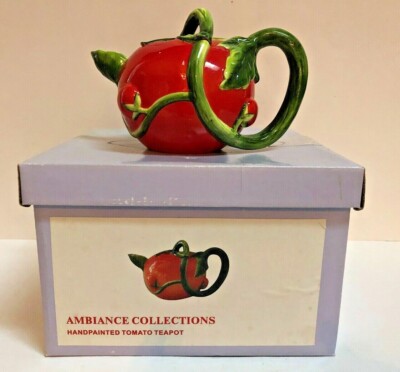 AMBIANCE COLLECTIONS - Tomato w/ Vines Handpainted Figural Teapot - Orig Box