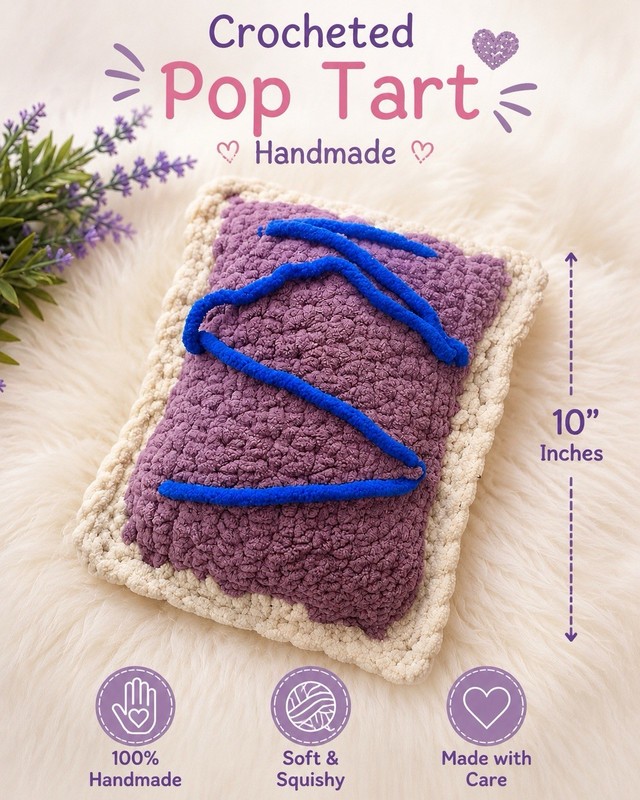 Handmade Crocheted Pop Tart Plush Pillow 10” Purple Soft Crochet Home Decor