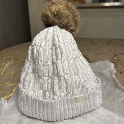 Calvin Klein Girls Knit Beanie Hat White Pom Pom Lined Winter 6 8 Years