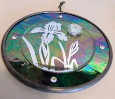 Handmade Floral Stained Glass Sun Catcher Iris Circle W/ Iridescent Look 5"