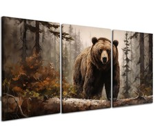 3 Pcs Framed Grizzly Brown Bear in Misty Forest Canvas Wall Art Wildlife Prin...