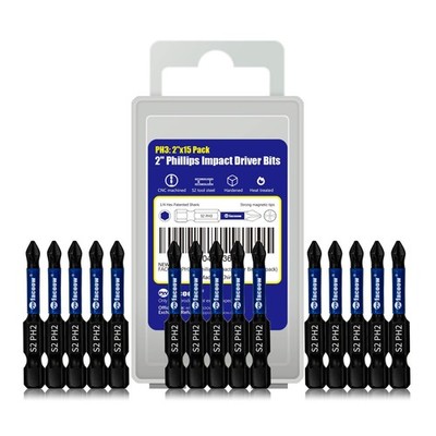 15-Pack Phillips Bits #2 Impact, Anti-Slip 2-Inch Magnetic Phillips Head Dril...