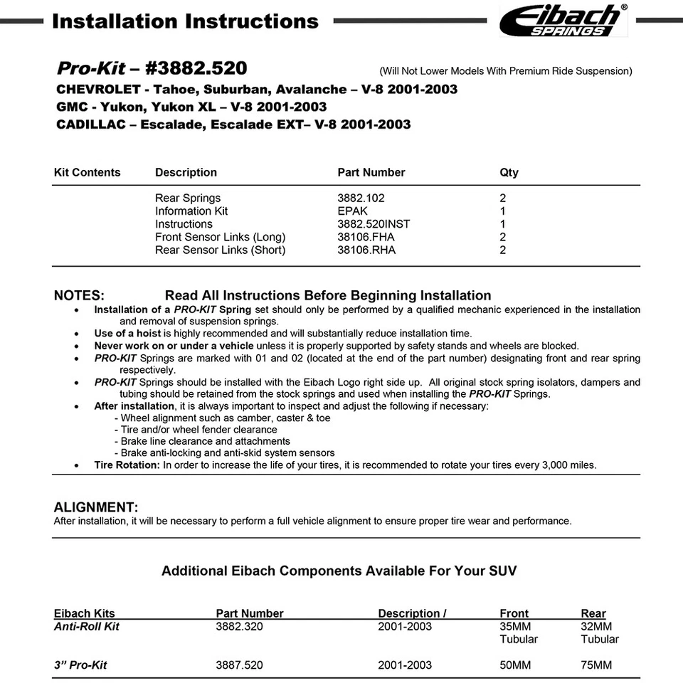 Kit de resortes rebajadores traseros Eibach 3882.520 PRO-KIT para Tahoe Suburban 2000-2006 Foto 2 de 4