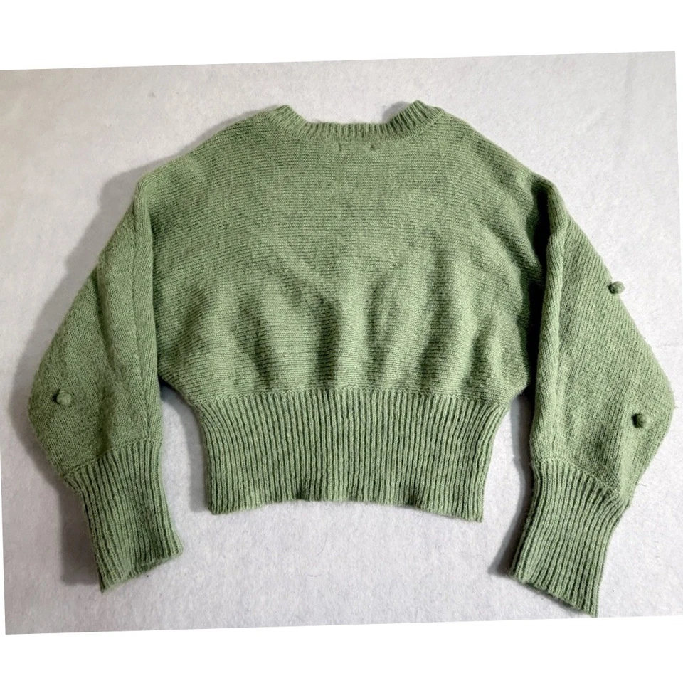 LUSH Seafoam Floral Pom Pom Knit Sweater Dolman Sleeve Cropped Size S - Image 2 of 4