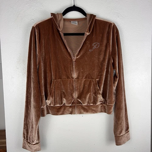 UNDERCOVER Felpa con cappuccio Victoria's Secret rosa velluto lucido logo full zip crop grande marrone marrone chiaro