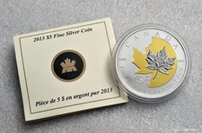 2013 Canada $5 - 25th Anniv. 1oz silver Maple Leaf proof w/ partial gold gilding