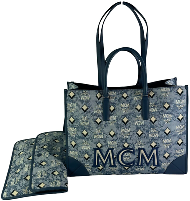 MCM Munchen VTG Blue Canvas & Leather Jacquard Monogram Diamonds