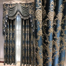 European luxury blue jacquard weave cloth window curtain valance tulle M1421