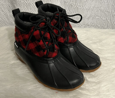 Skechers Pond Good Plaid Womens Sz Black Red Waterproof Duck Boots
