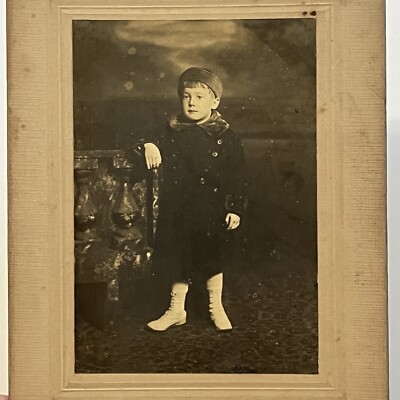 Antique Cabinet Card Photograph Adorable Little Boy Winter Coat Hat New York NY